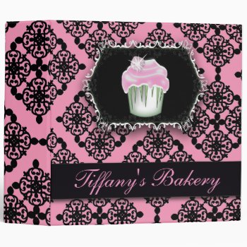 Pink Damask Pastry Chef Baker Bakery Cupcake 3 Ring Binder by businesscardsdepot at Zazzle