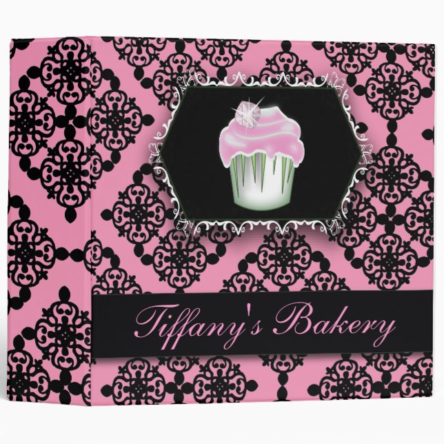 pink damask pastry chef baker bakery cupcake 3 ring binder (Front/Spine)