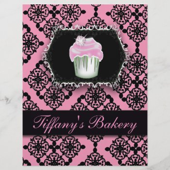 Pink Damask Pastry Chef Baker Bakery Cupcake Flyer by businesscardsdepot at Zazzle