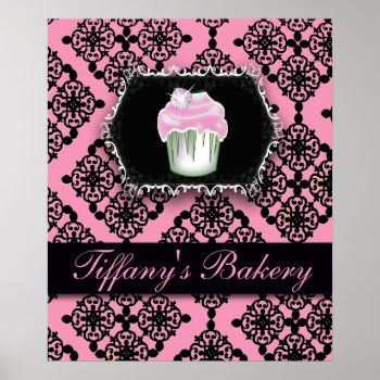 Pink Damask Pastry Chef Baker Bakery Cupcake Poster by businesscardsdepot at Zazzle