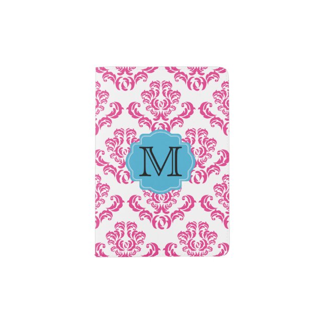 Pink Damask Pattern Monogram Passport Holder (Front)