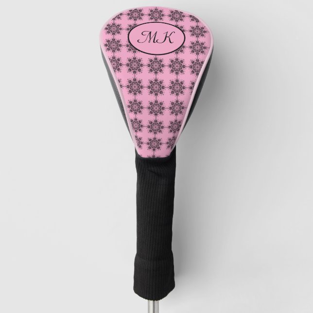 Pink Damask Pattern Monogrammed Golf Head Cover (Front)