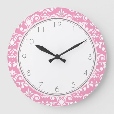 Pink Damask Pattern Pattern Large Clock