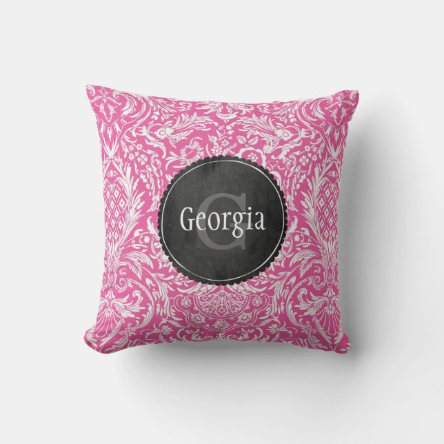 Pink Damask Pattern With Chalkboard Monogram Throw Pillow (Front)