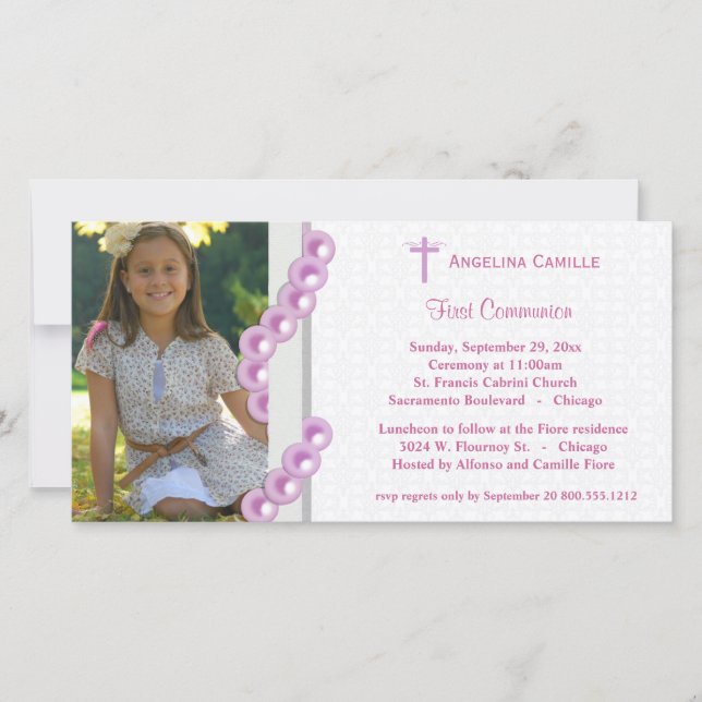 Pink Damask Pearls First Communion Photo Invite (Front)