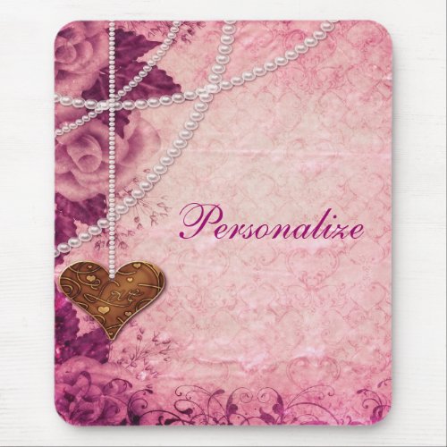 Pink Damask Pearls Heart  Roses Mousepad