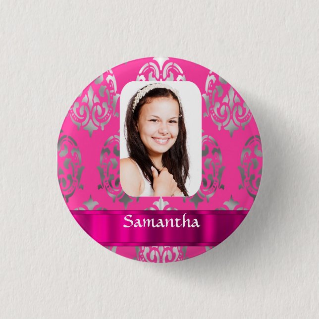 Pink damask personalized photo template button (Front)