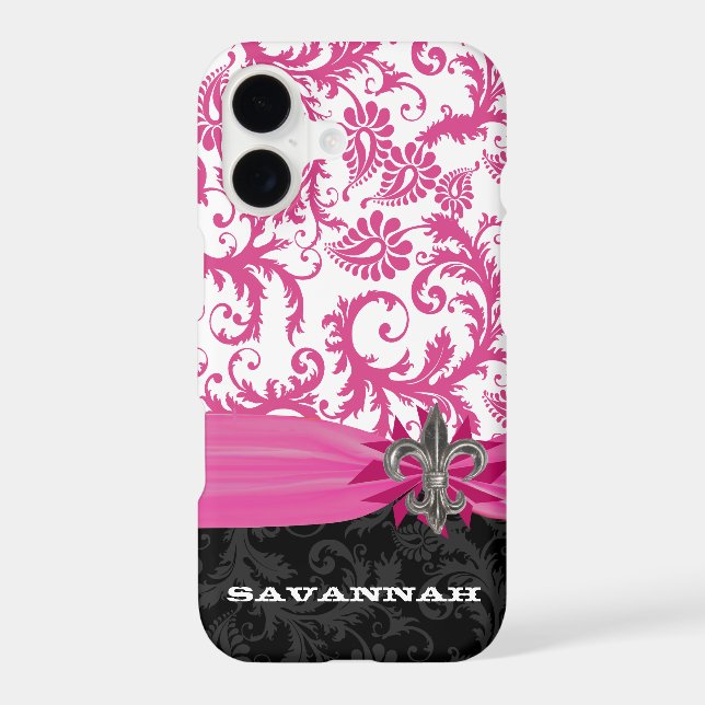 Pink Damask Personalized Printed Fleur de lis Case-Mate iPhone Case (Back)