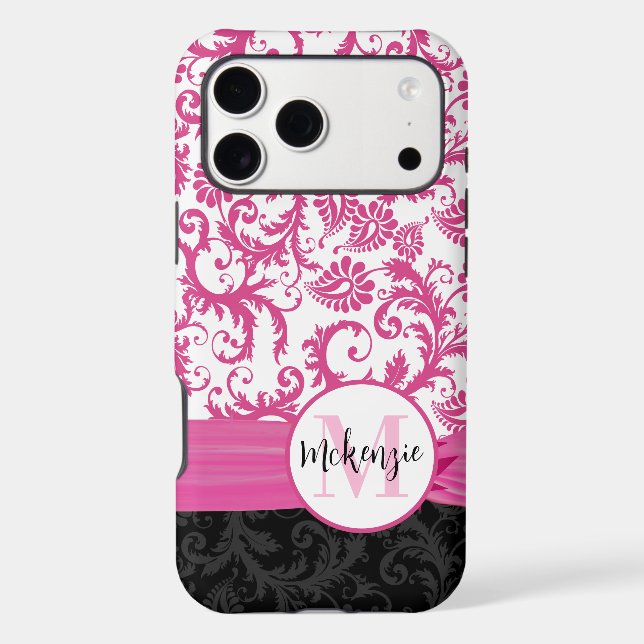 Pink Damask Personalized Printed Fleur de lis Case-Mate iPhone Case (Back)