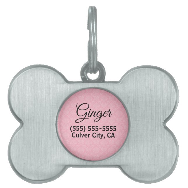 Pink Damask Pet Name Pet ID Tag (Front)
