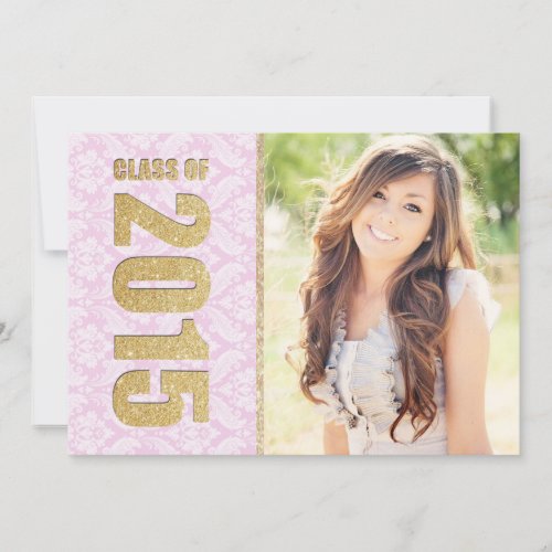 Pink Damask Photo Graduation Announcement