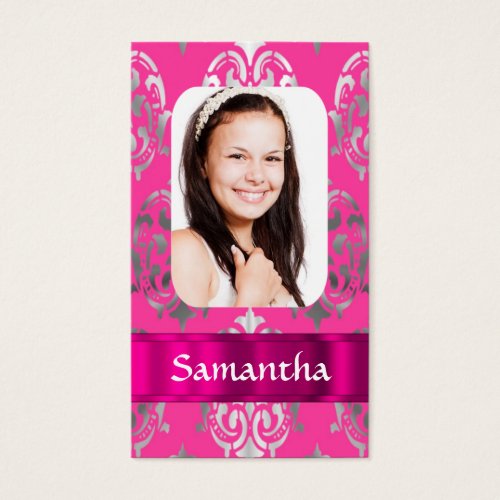 Pink damask photo template business card template