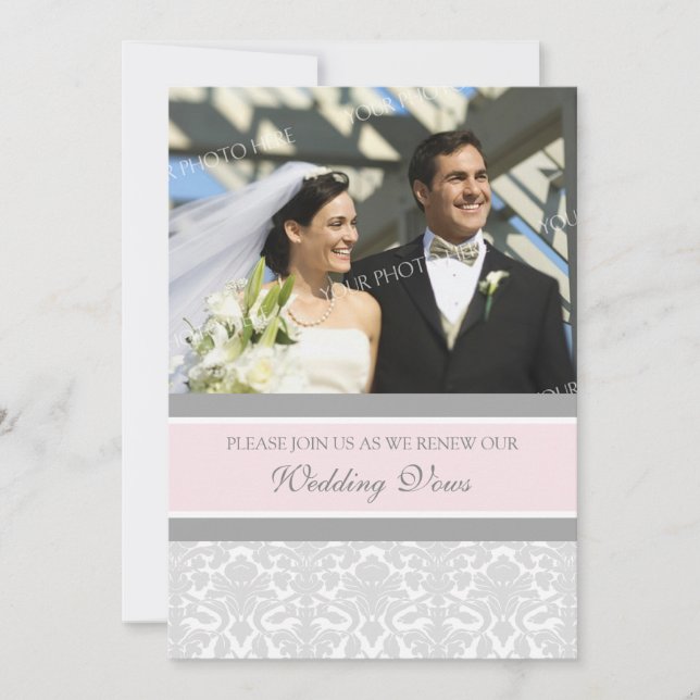 Pink Damask Photo Wedding Vow Renewal Invitations (Front)