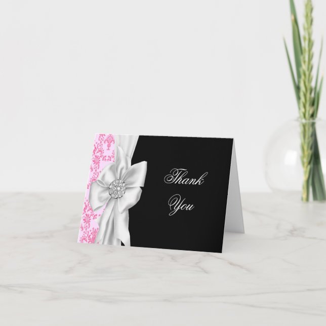 Pink Damask Pink Black Thank You Cards (Front)