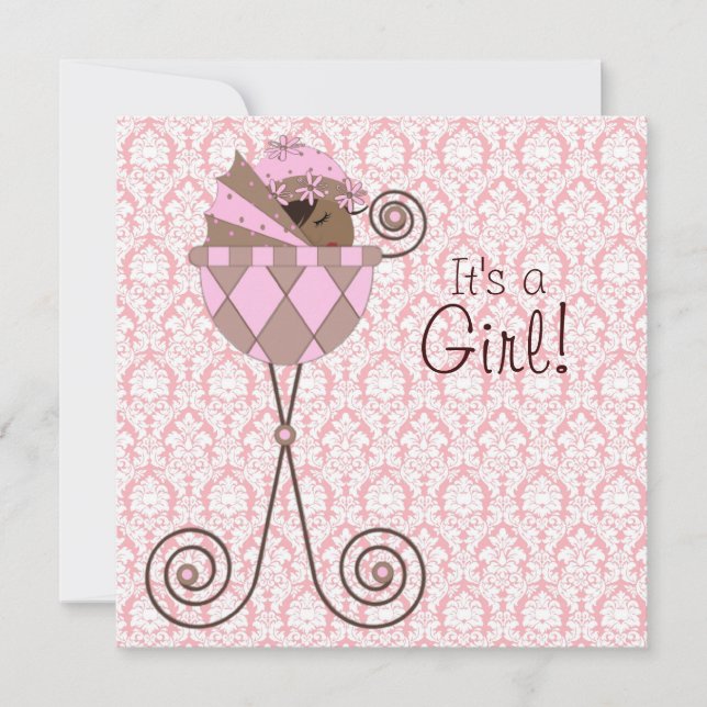 Pink Damask Pink Brown Baby Girl Shower Invitation (Front)