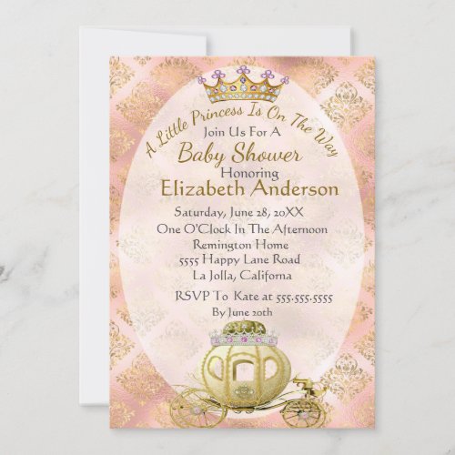 Pink Damask Princess Baby Shower Gold Carriage   Invitation