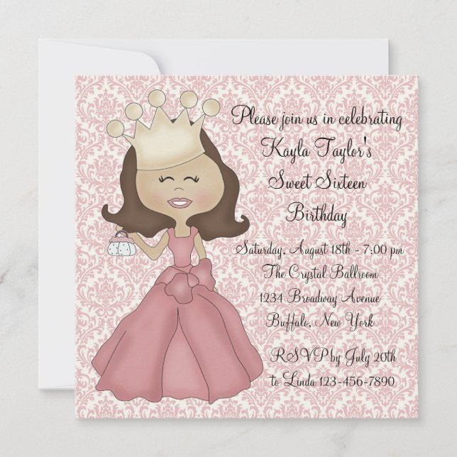 Pink Damask Princess Sweet 16 Party Invitation (Front)