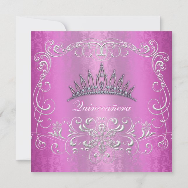 Pink Damask Quinceanera Diamond Tiara Invite (Front)