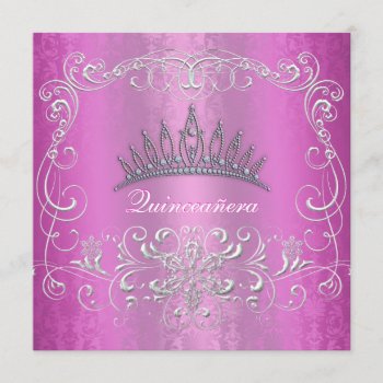 Pink Damask Quinceanera Diamond Tiara Invite by InvitationBlvd at Zazzle