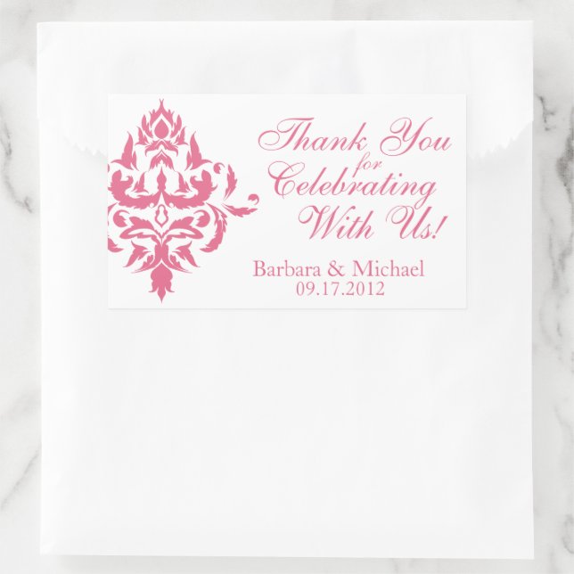 Pink Damask Rectangle Wedding Favor Stickers (Bag)