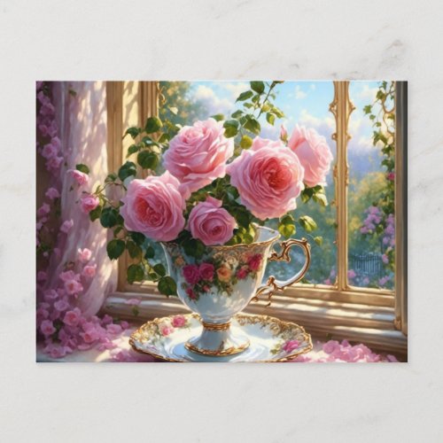 Pink Damask Roses in a Porcelain Teacup Postcard