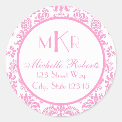 Pink Damask Round Return Address Label