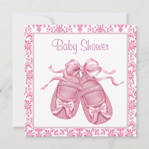 Pink Damask Satin Booties Baby Girl Shower Invitation