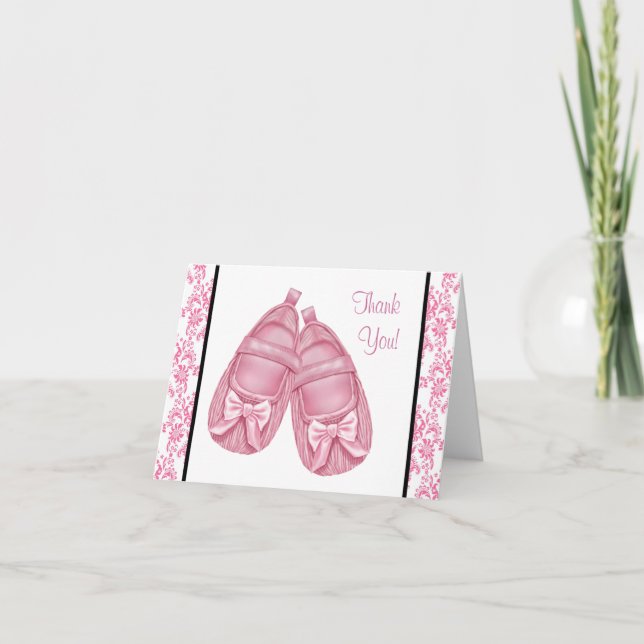 Pink Damask Satin Booties Baby Girl Thank You (Front)