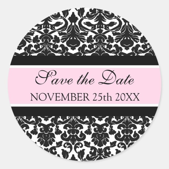 Pink Damask Save the Date Envelope Seal (Front)