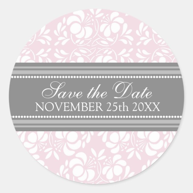Pink Damask Save the Date Envelope Seal (Front)