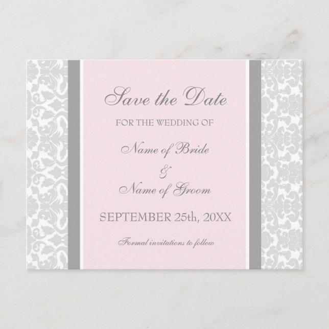 Pink Damask Save the Date Wedding Postcards (Front)