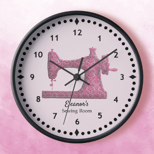 Pink Damask Sewing Machine Large Clock