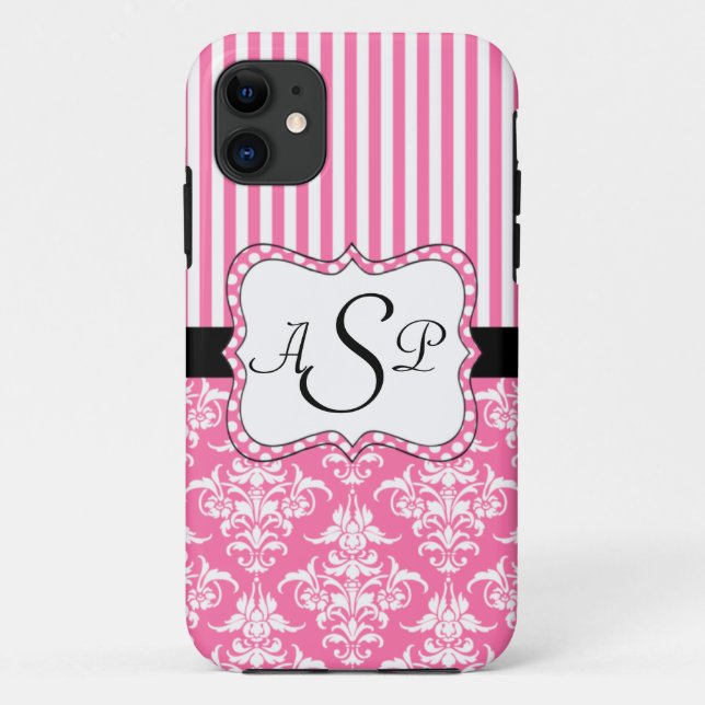 Pink Damask Stripes Personalized Monogram Case-Mate iPhone Case (Back)