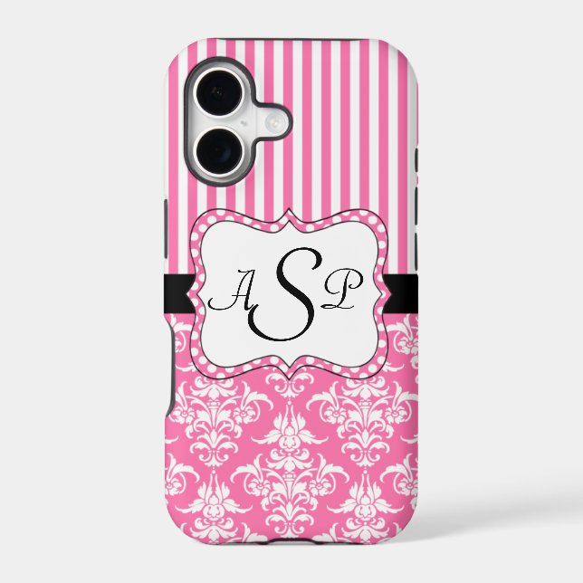 Pink Damask Stripes Personalized Monogram Iphone Case (Back)