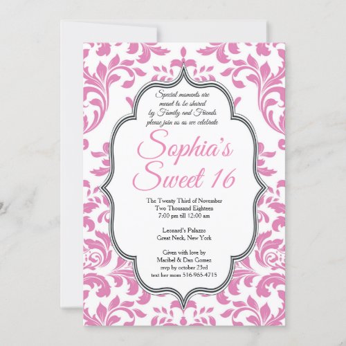 Pink Damask Sweet 16 Invitation