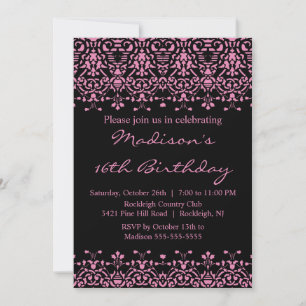 Pink Damask Sweet Sixteen Birthday Invitation