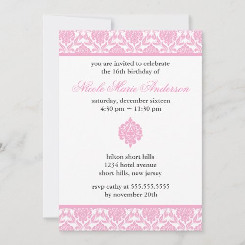 Pink Damask Sweet Sixteen Invitations