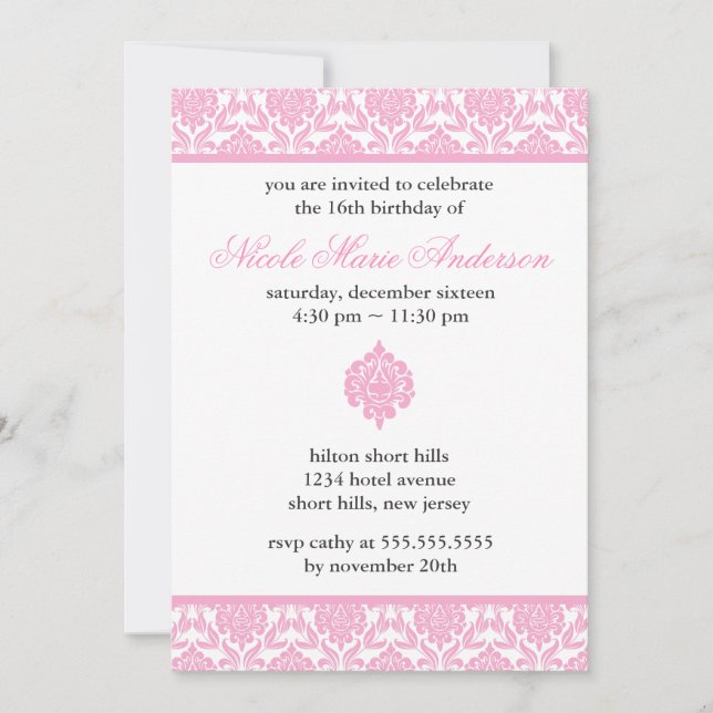 Pink Damask Sweet Sixteen Invitations (Front)