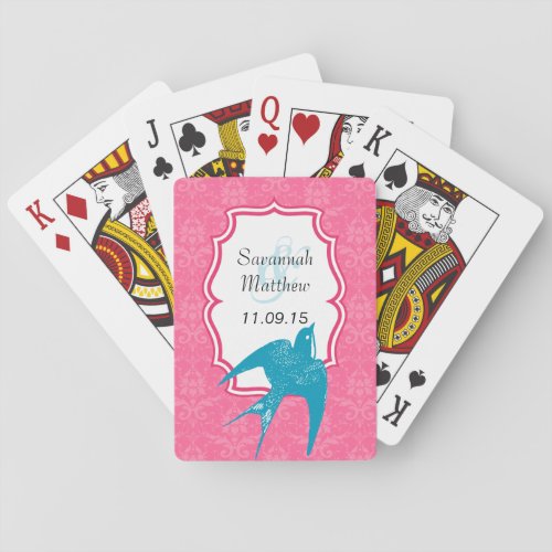 Pink Damask Teal Swallow  Wedding Playing Card