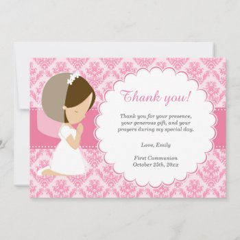 Pink Damask Thank You Card Girl Communion by pinkthecatdesign at Zazzle