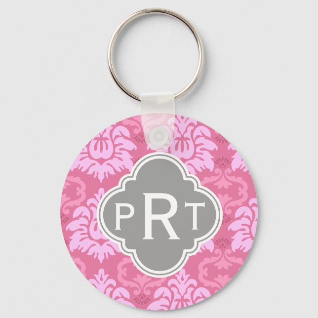 Pink Damask Trio Monogram Keychain (Front)