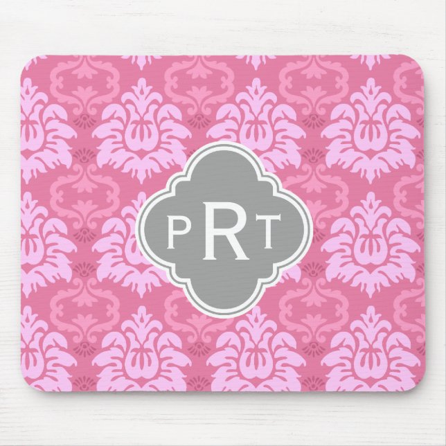 Pink Damask Trio Monogram Mouse Pad (Front)