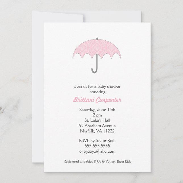 Pink Damask Umbrella Baby Shower Invites (Front)