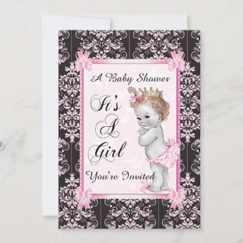 Pink Damask Vintage Baby Girl Shower Invitation