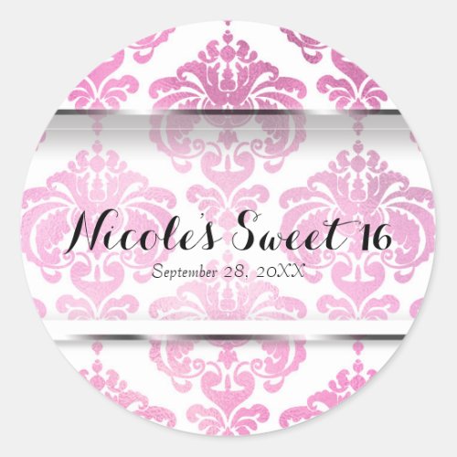 Pink Damask Vintage Glam Wedding Event Favor Classic Round Sticker