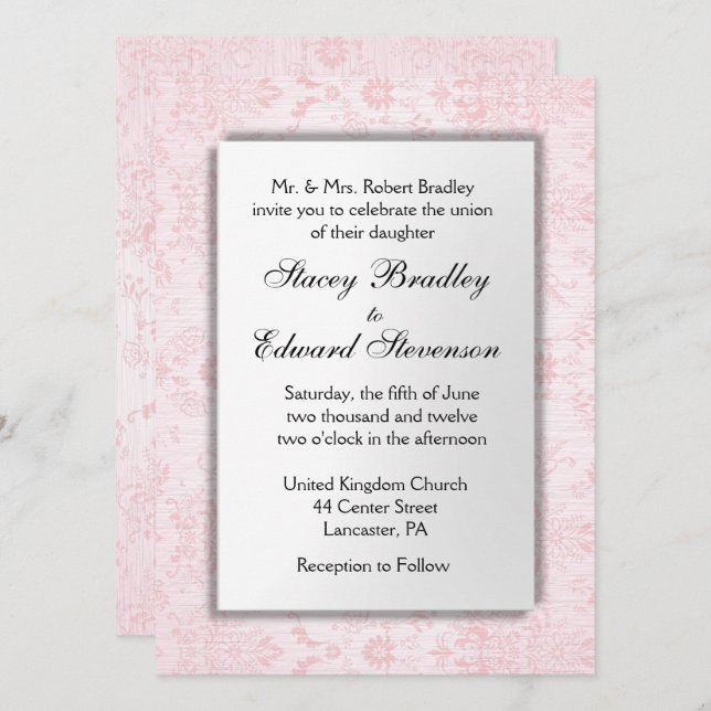 Pink Damask Wedding Invitation (Front/Back)