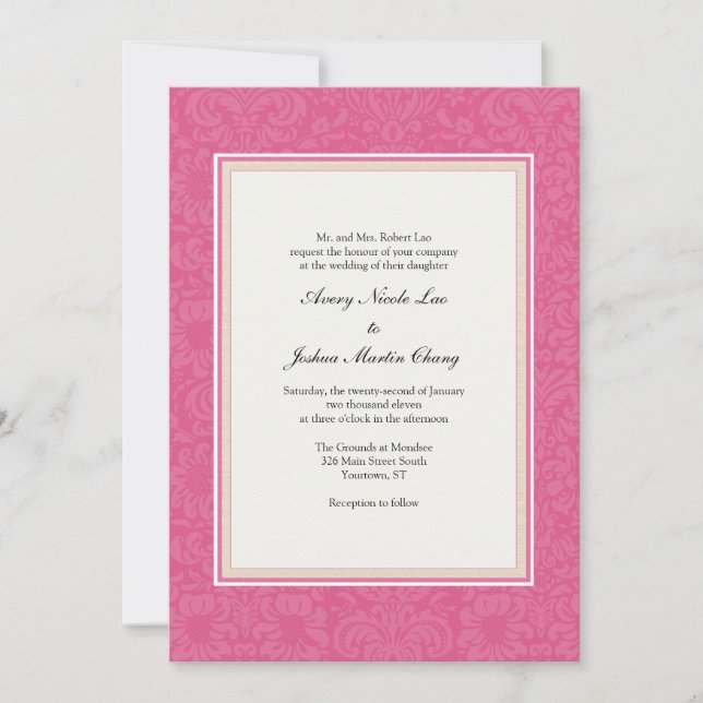 Pink Damask Wedding Invitation (Front)