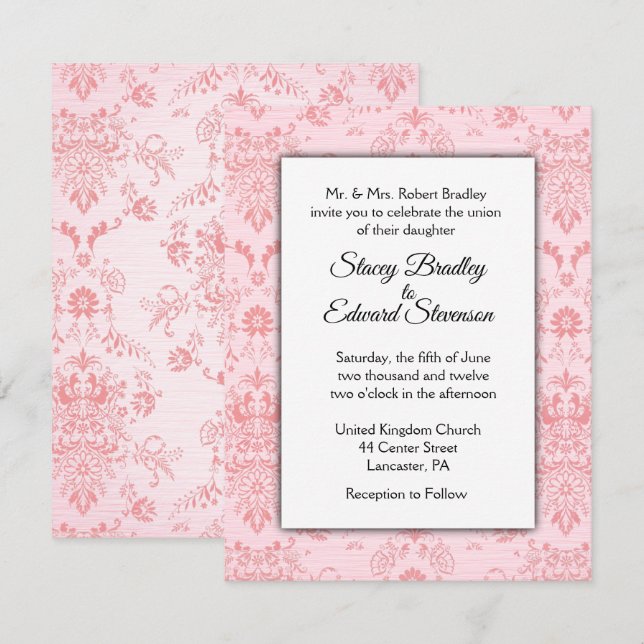 Pink Damask Wedding Invitation (Front/Back)