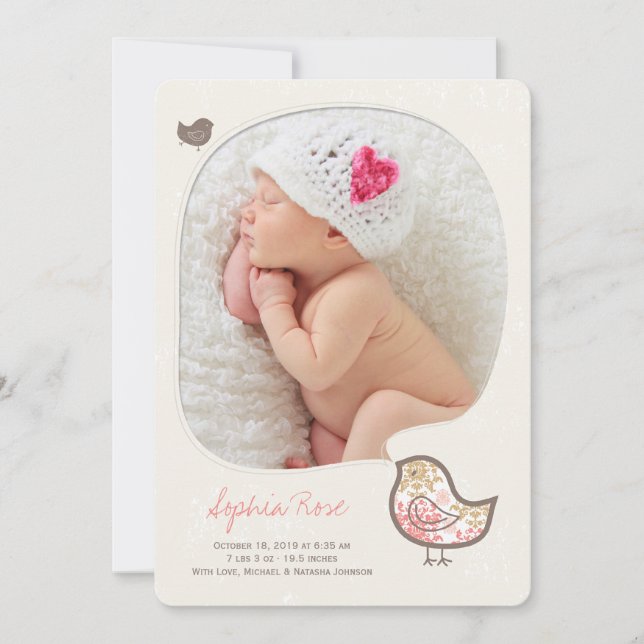 Pink Damask Whimsical Chick Baby Girl Photo Birth Announcement (Front)