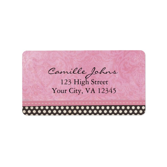 Pink Damask with Black and White Polka Dots Label (Front)